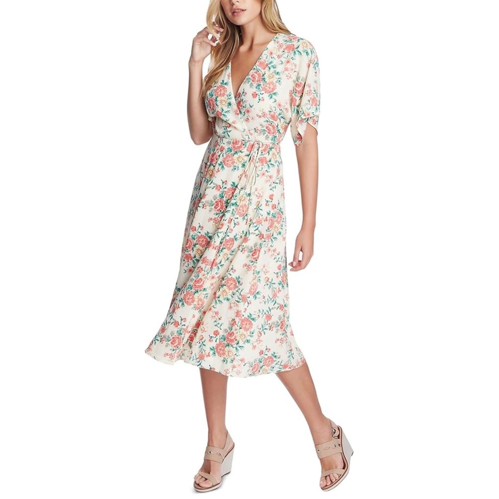 1.STATE Womens Floral Wrap Midi Dress Cream Pink 16W Plus Size Flutter Sleeve